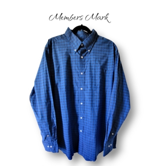 🌿Members Mark Men's Blue Plaid Poplan Longsleeve Button-Down XL-Nice! - Picture 2 of 7